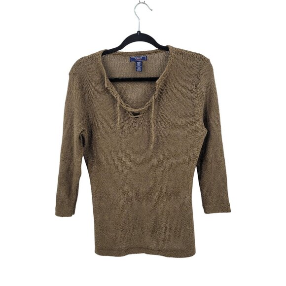 Vtg Chaps Denim Womens Army Green Open‎ Knit Sweater Sz M Tie Neck Casual Grunge - Picture 8 of 8